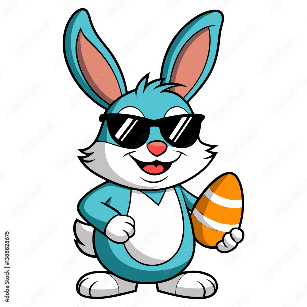 Fototapeta premium Vector of a cool Easter bunny wearing sunglasses and holding an egg, isolated on white background. For Easter Day 