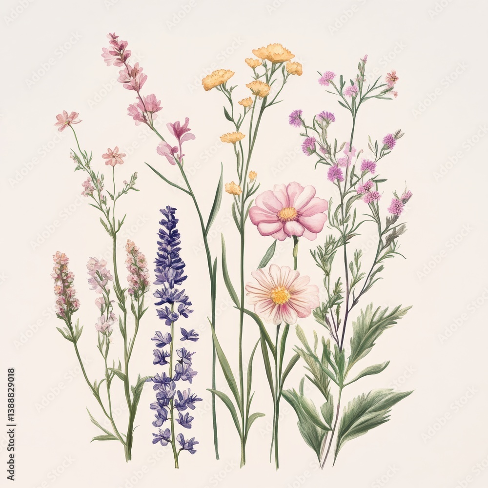 Naklejka premium Botanical illustration of colorful wildflowers nature scene art print soft background aesthetic design