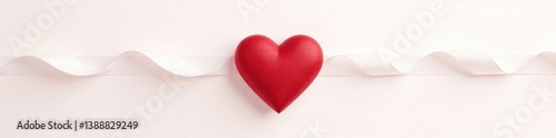 Minimalist red heart ornament with white ribbon, white background, stock photo, ornament