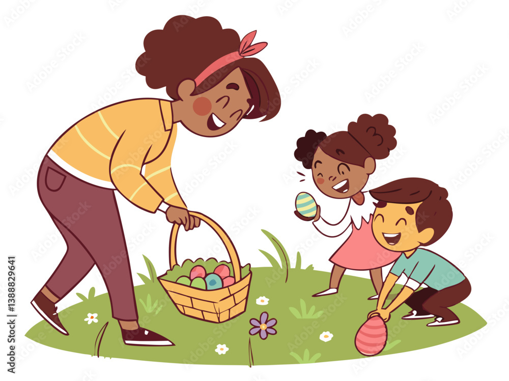 Vector of children and families searching for Easter eggs in the grass, joyful and playful, isolated on white background. For Easter Day
Vector of children and families searching for Easter eggs in the grass, joyful and playful, isolated on white background. For Easter Day