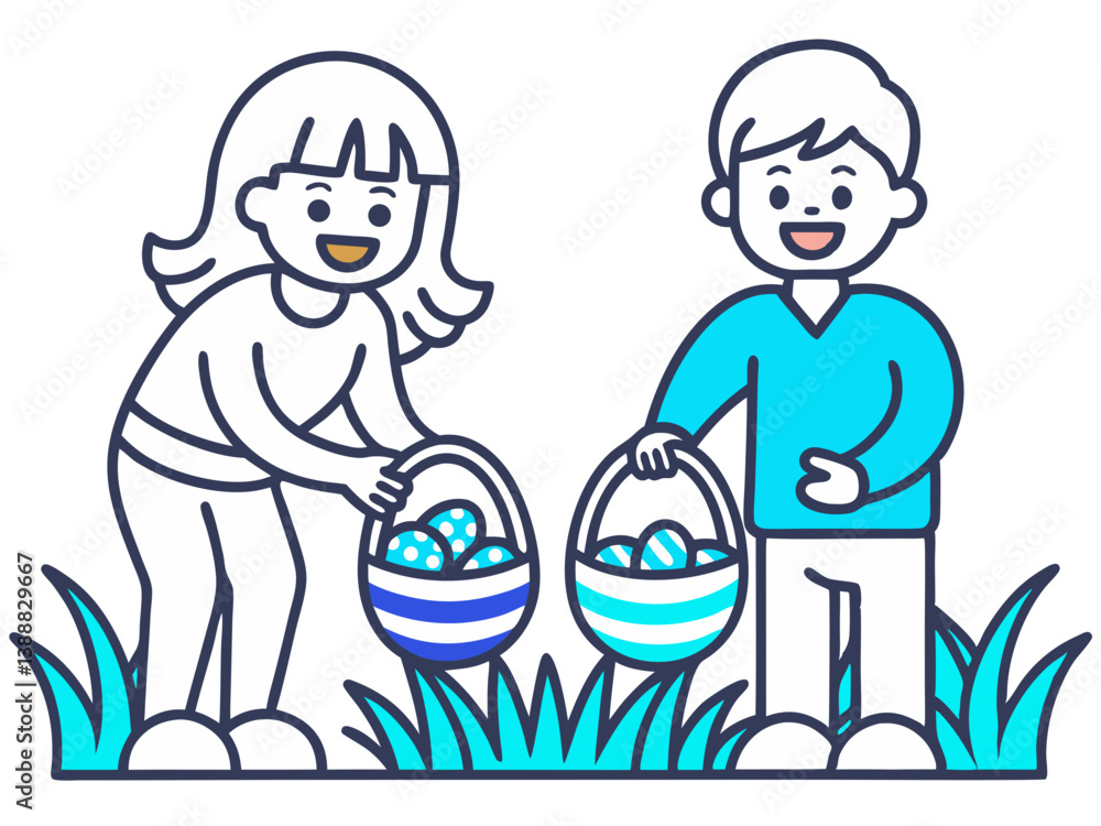 Vector of children and families searching for Easter eggs in the grass, joyful and playful, isolated on white background. For Easter Day
Vector of children and families searching for Easter eggs in the grass, joyful and playful, isolated on white background. For Easter Day