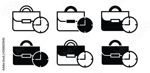 Briefcase and Clock Icons Set Black and White Color Vector Design