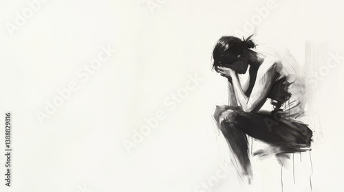 charcoal drawing depicting woman sitting with her head down, expressing deep emotion and contemplation. artwork captures sense of sadness