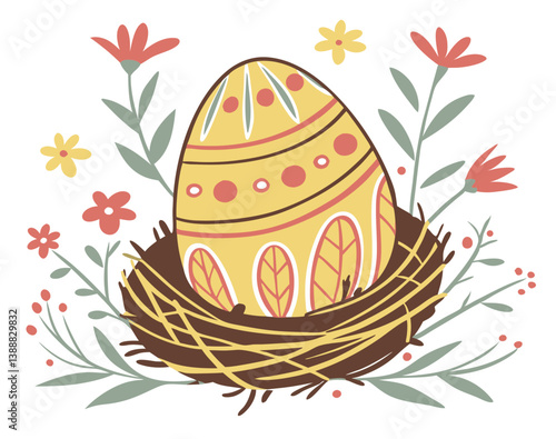 Vector of a large decorated Easter egg sitting in a bird’s nest with flowers, isolated on white background.  For Easter Day
