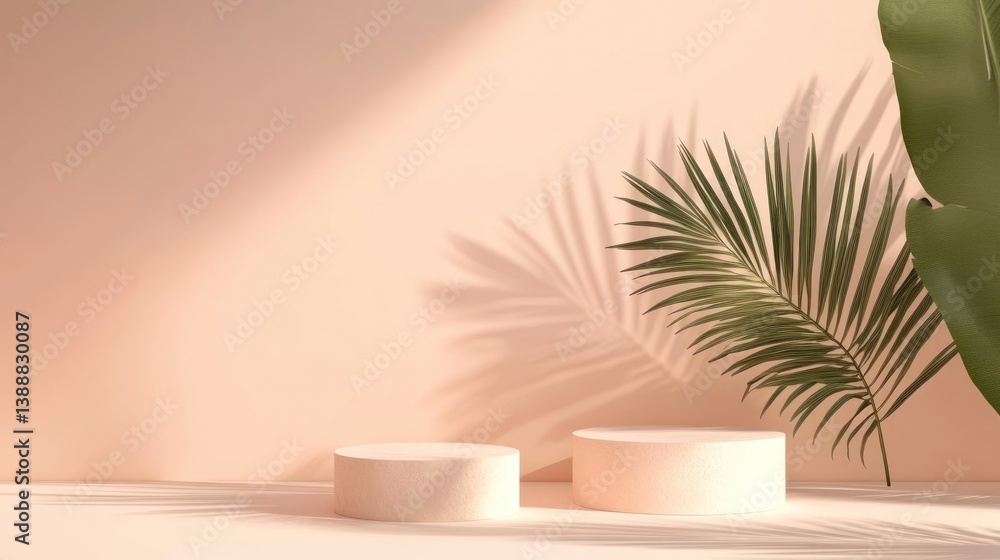 Minimalist podium display with tropical foliage Minimalist podium display with tropical foliage