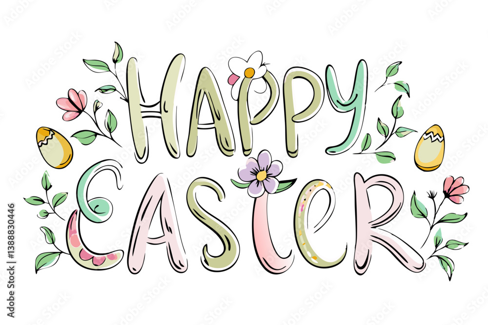 Obraz premium Vector of hand-drawn “Happy Easter” text with floral and egg decorations, isolated on white background. For Easter Day 
