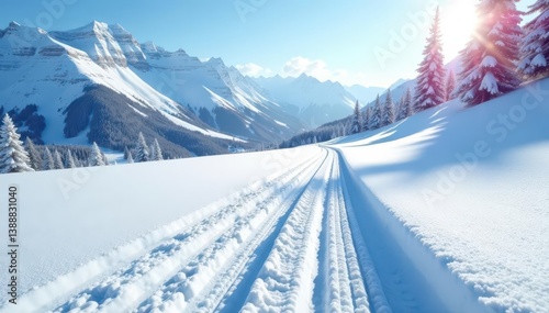 Intricate classic & skating ski tracks on pristine snowdrift , cold, landscape photography