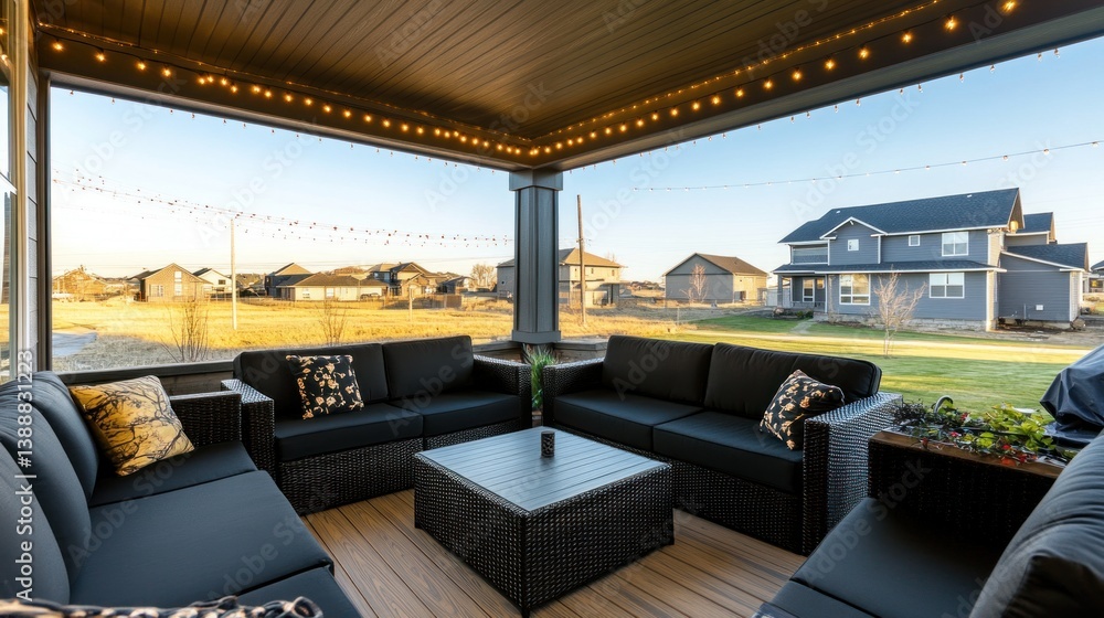 Outdoor seating area with comfortable furniture and neighborhood view Outdoor seating area with comfortable furniture and neighborhood view