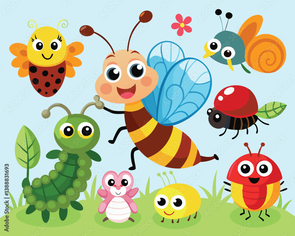 Obraz premium Cute Cartoon Insects Illustration. A Collection of Friendly Bugs