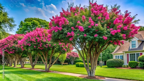 Wallpaper Mural Lush blooming crape myrtle trees on green lawn in a neat neighborhood , crape myrtle, trees, blooming Torontodigital.ca