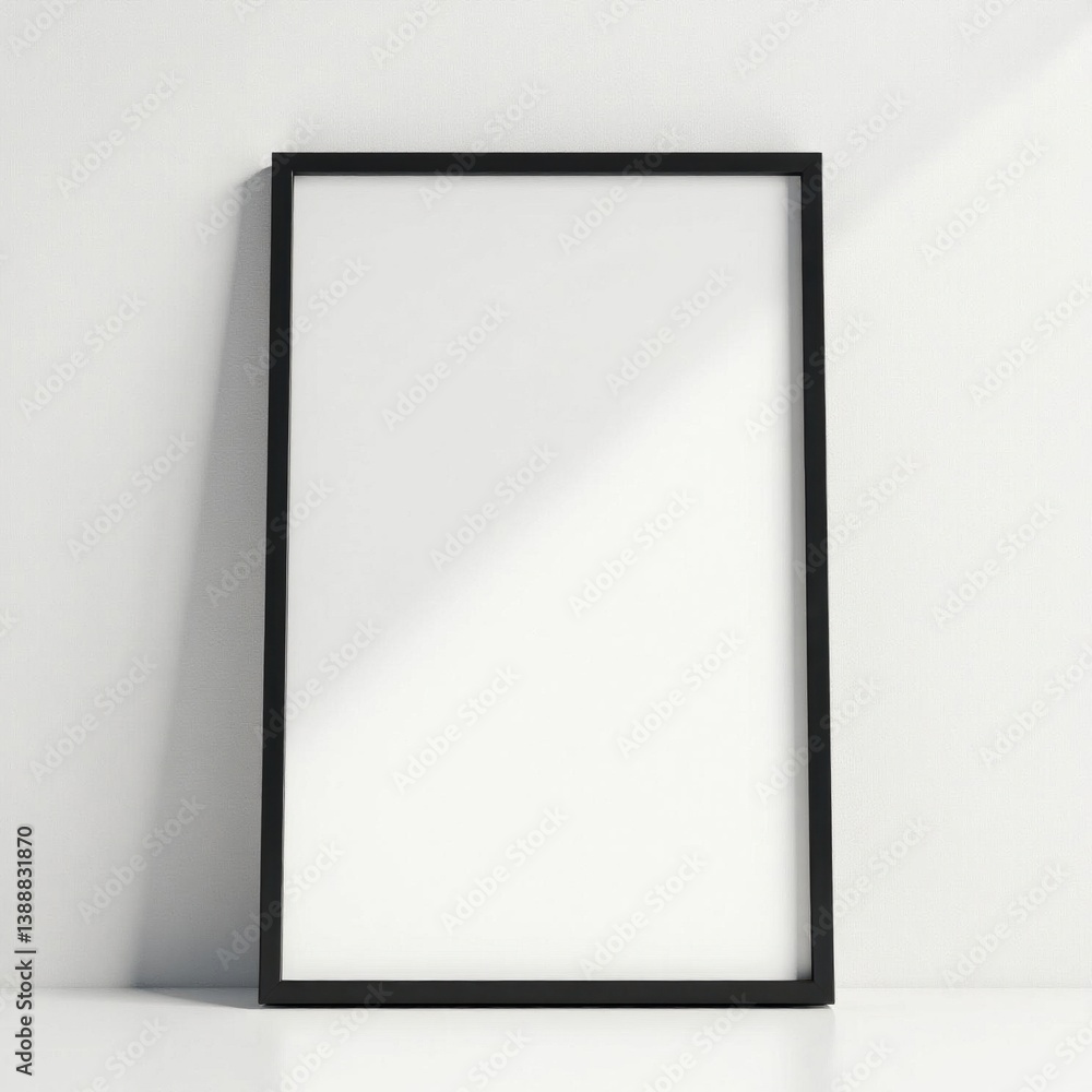 Single black frame against pristine white wall, modern setting , display, space, white background Single black frame against pristine white wall, modern setting , display, space, white background