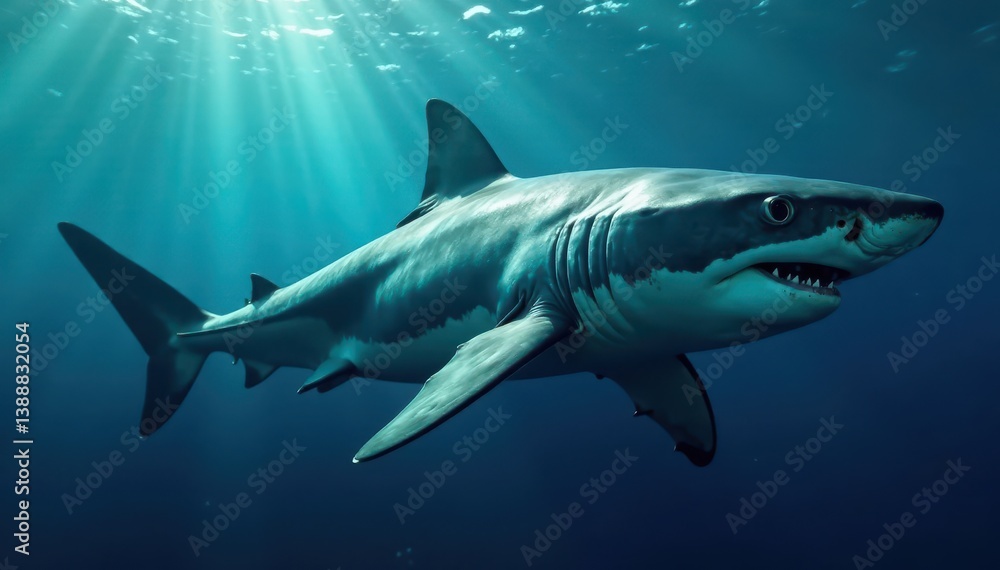 Fototapeta premium Immense great white shark profile view, isolated, deep ocean backdrop, deep sea, nature photography