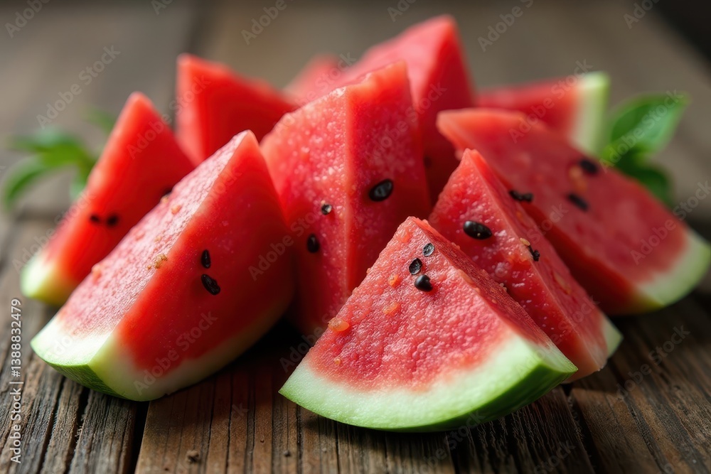 Bright red watermelon chunks on weathered wood , seed, closeup Bright red watermelon chunks on weathered wood , seed, closeup