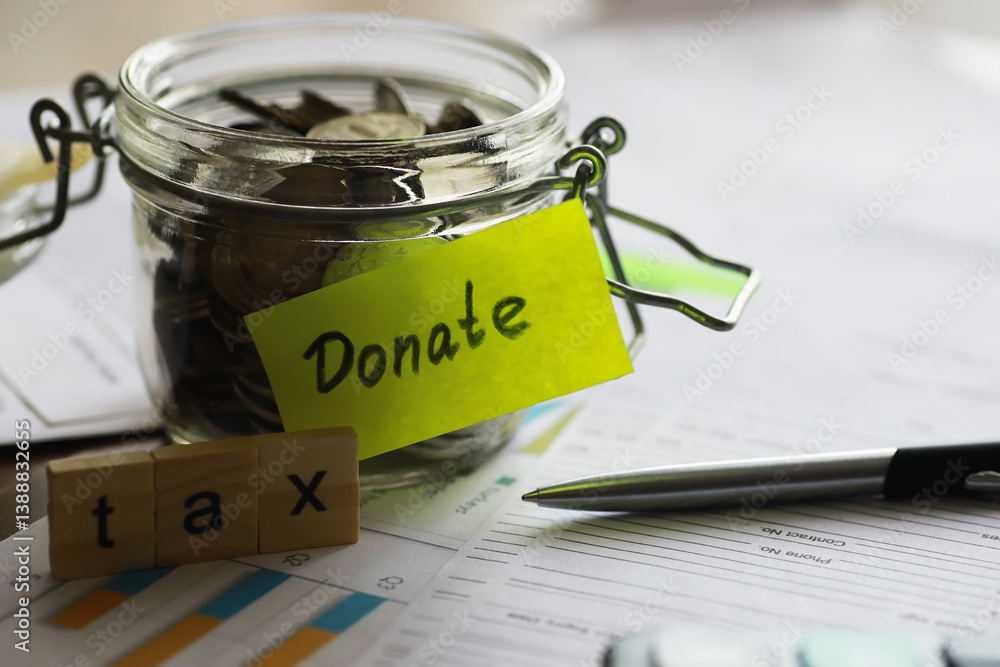 Jar Filled with Coins Labeled Donate Placed on Tax Documents with Tax and Pen Symbols