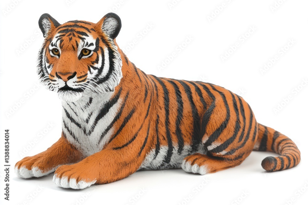 Fototapeta premium Tiger lying down on a white surface, isolated for animal study, presentation or illustration