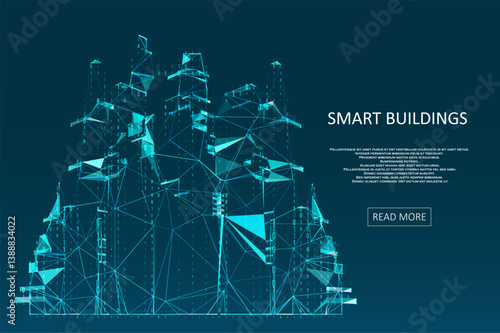 Smart building concept design for city illustration. Polygonal futuristic style. Intelligent building automation. Graphic concept for your design.