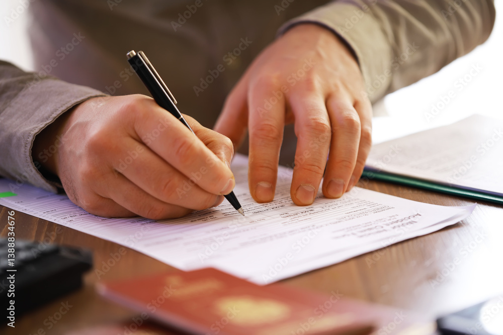 Close-up of Hands Signing Document with Passport on Desk - Legal, Official, Administrative, Office Work