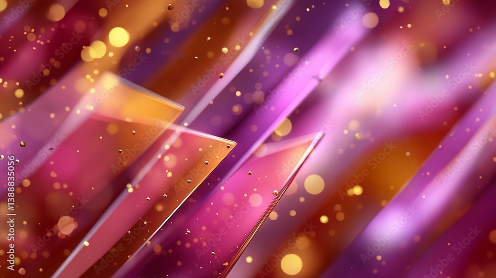 Abstrakte Komposition mit rosa und lila diagonalen Lichtstreifen und goldenen Partikeln auf dunklem Hintergrund