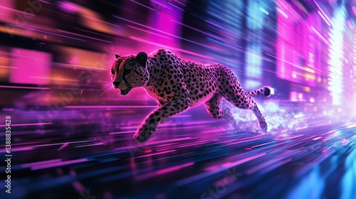 Cheetah Running Fast with Motion Blur and Neon Glowing Trails