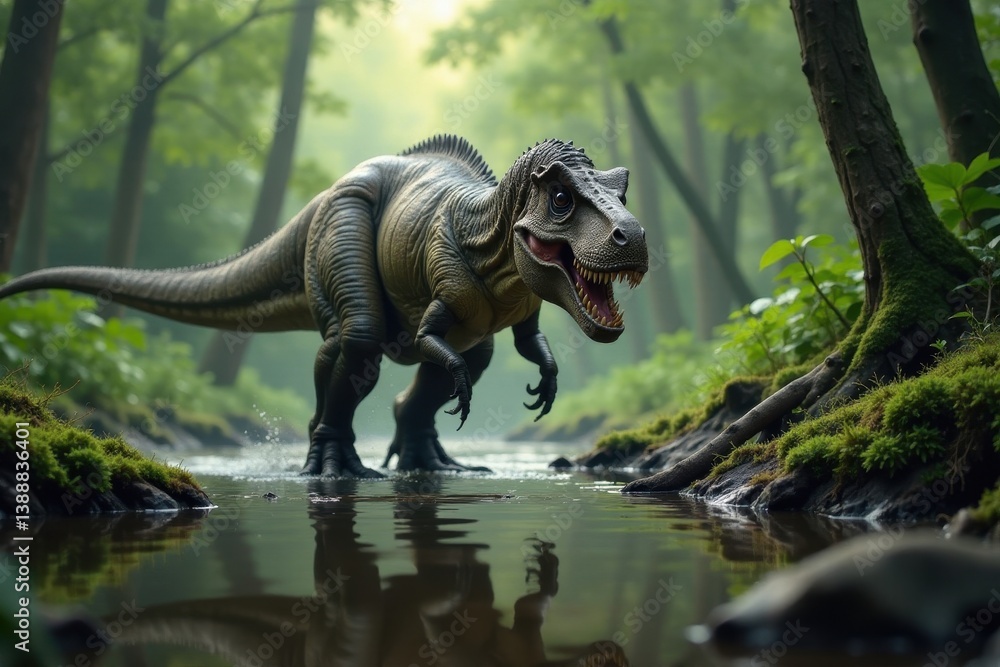 Fototapeta premium Tyrannosaurus Rex stalking prey in prehistoric swamp, swamp, hunting