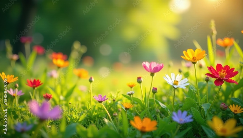 Vibrant wildflowers in lush meadow, sunlight dappled , pastel, flora Vibrant wildflowers in lush meadow, sunlight dappled , pastel, flora