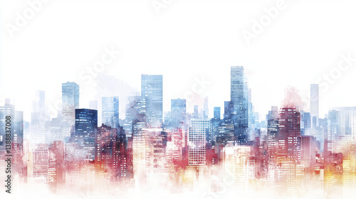 Fototapeta Naklejka Na Ścianę i Meble -  vibrant city skyline watercolor style, showcasing tall buildings shades of blue, gray, and red, evoking sense of urban energy and creativity