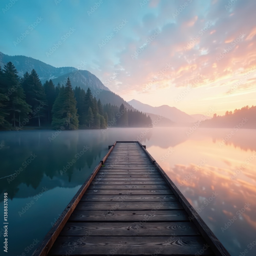Fototapeta premium Wooden pier extends into misty lake at dawn, tranquil scene , wood, idyllic, balance