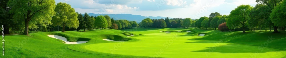 Naklejka premium Rolling hills, verdant golf course with mature trees, nature, sunlit, perspective