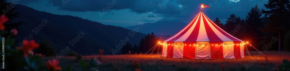 Bright red and white striped tent at night, fairy lights twinkling , shine, night, magical Bright red and white striped tent at night, fairy lights twinkling , shine, night, magical