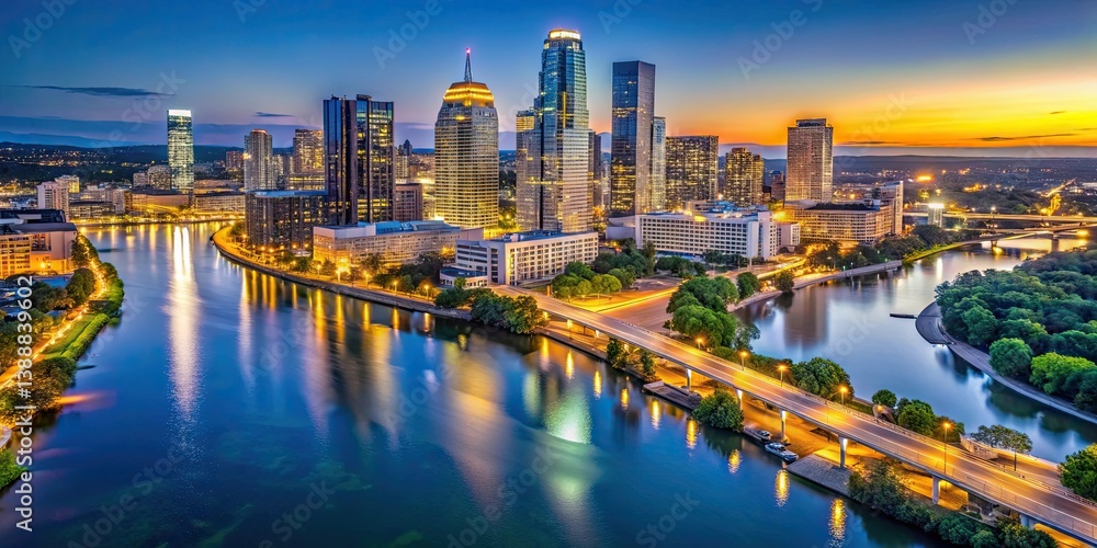 Fototapeta premium Nighttime aerial view of Austin, Texas skyline and Colorado River , Austin, Texas, aerial view, skyline, city lights
