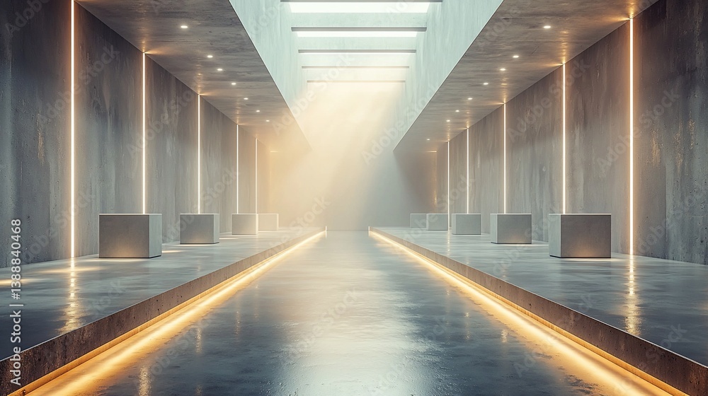 Fototapeta premium Futuristic Concrete Corridor, Light Beams