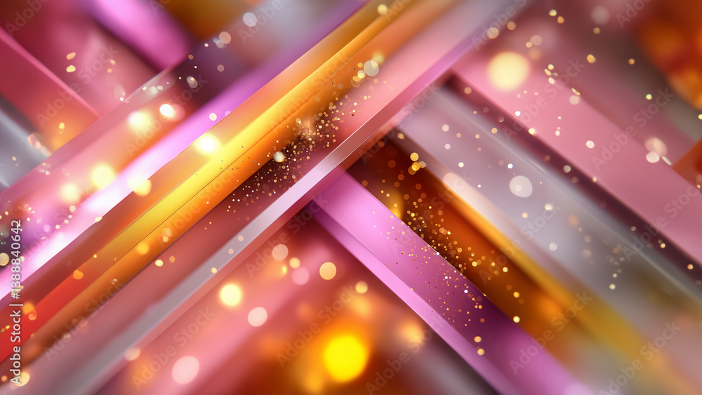 Abstrakte Komposition mit rosa und lila diagonalen Lichtstreifen und goldenen Partikeln auf dunklem Hintergrund