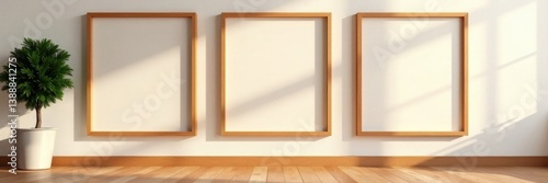 Three empty wooden frames on a warm-lit wall, hardwood floor , texture, cozy, gallery wall