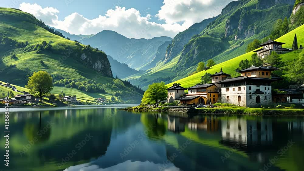 Peaceful alpine village near reflective mountain lake with wooden houses and steep green hills in the background. Concept of idyllic rural landscape and nature harmony Peaceful alpine village near reflective mountain lake with wooden houses and steep green hills in the background. Concept of idyllic rural landscape and nature harmony