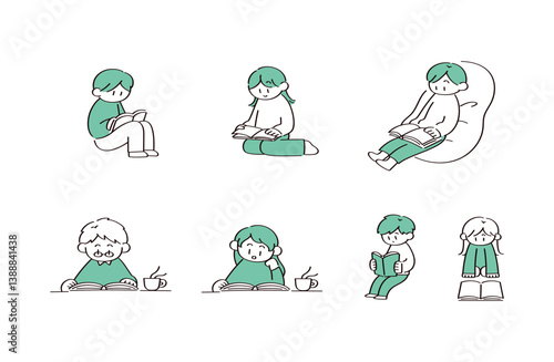 読書をする人たちのイラストセット