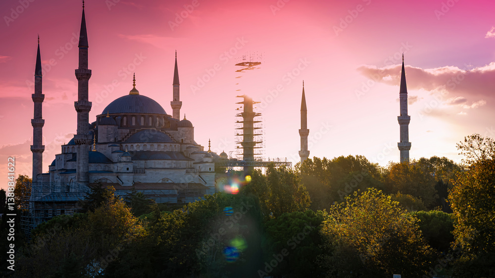 Naklejka premium The Blue Mosque or Sultan Ahmet Mosque of Istanbul, sunset scene view, Turkey