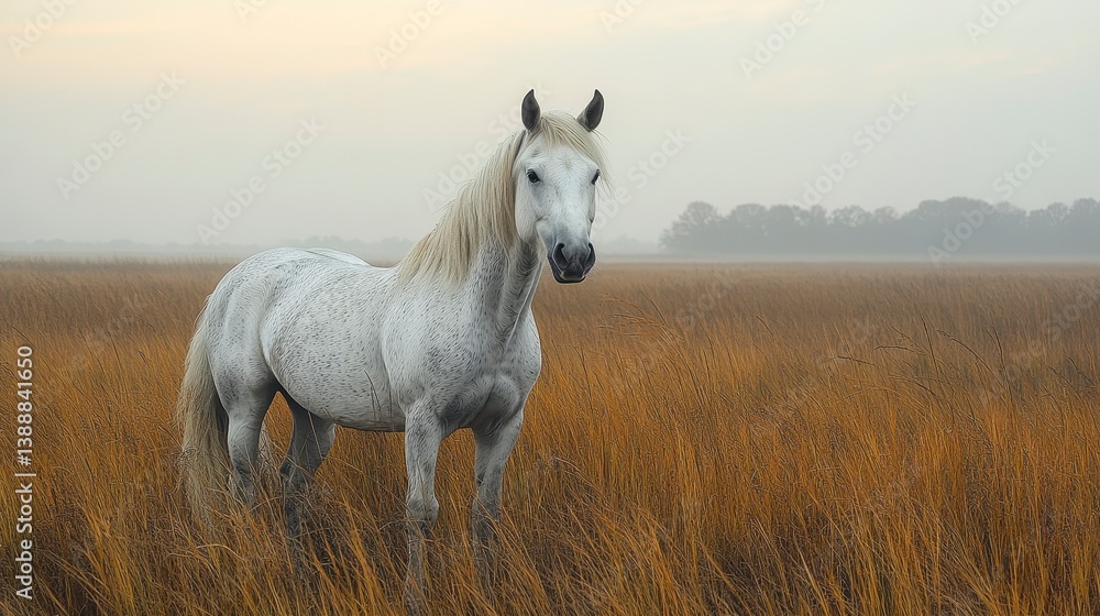 Obraz premium Gray horse stands majestically in field, misty background