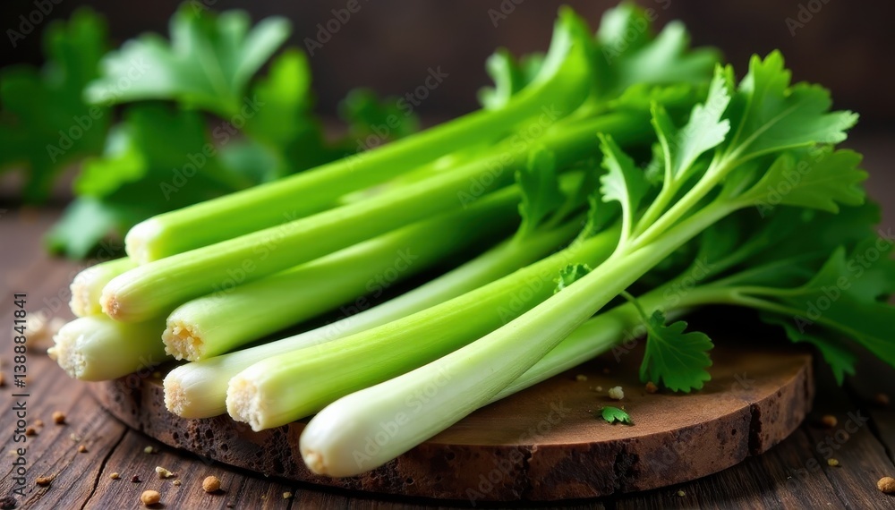 Crisp celery stalks, lush green leaves, rustic wood table , celery, wood, rustic Crisp celery stalks, lush green leaves, rustic wood table , celery, wood, rustic
