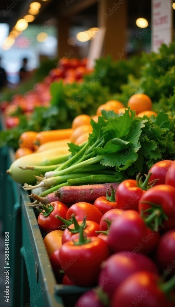 Crisp green leafy greens and colorful root vegetables at market stand, radishes, assortment, farm Crisp green leafy greens and colorful root vegetables at market stand, radishes, assortment, farm