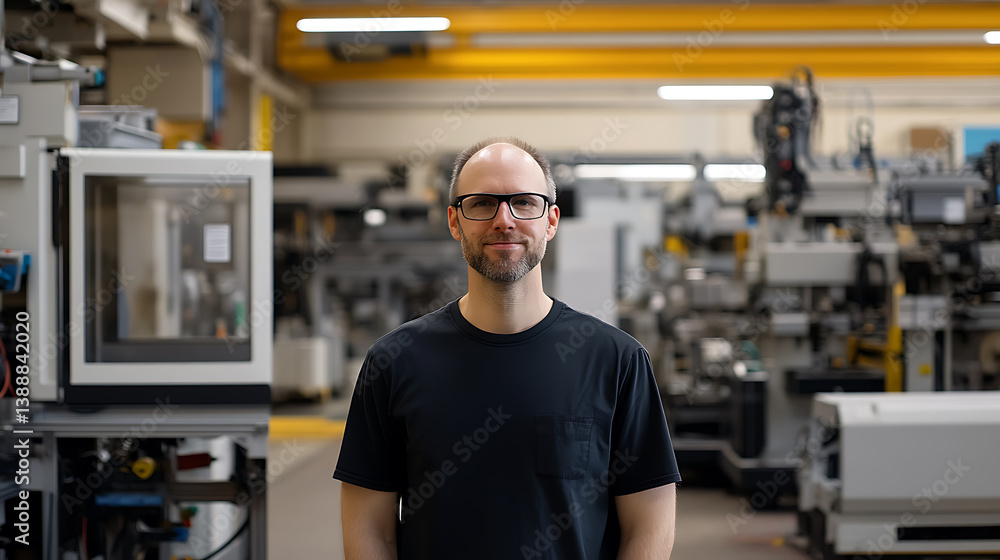 A mechanical arm in an advanced plastic molding facility, surrounded by injection molding machines, molds A mechanical arm in an advanced plastic molding facility, surrounded by injection molding machines, molds
