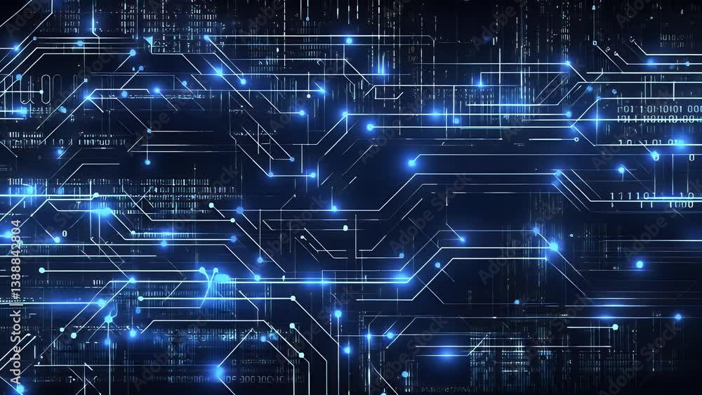 Abstract blue technology background with circuit patterns and glowing nodes