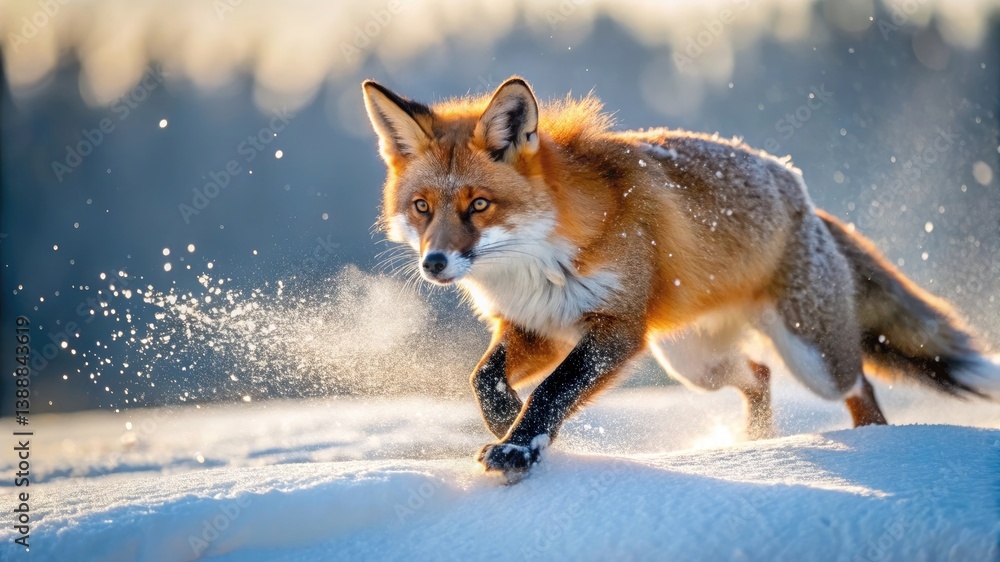 Fototapeta premium red fox pouncing on prey in snow, bright winter sunlight