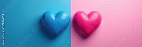 Two separate hearts, one blue, one pink, on a split background, anniversary, romance, individual