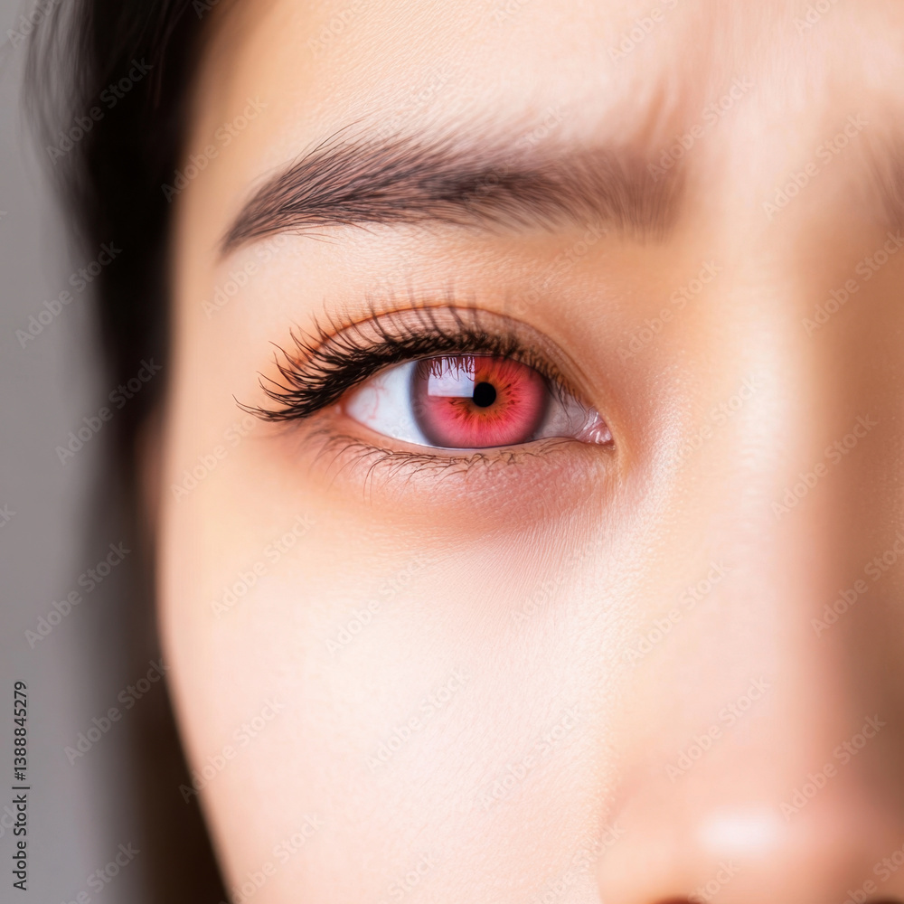 Obraz premium close up image of woman face showcasing striking red eyes, emphasizing unique and captivating features. expression conveys sense of intrigue and allure