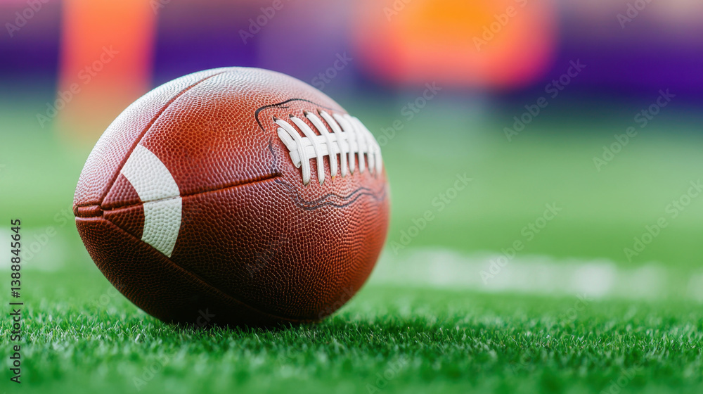 close up of football resting on vibrant green turf, showcasing its textured surface and laces, evokes excitement for game ahead close up of football resting on vibrant green turf, showcasing its textured surface and laces, evokes excitement for game ahead