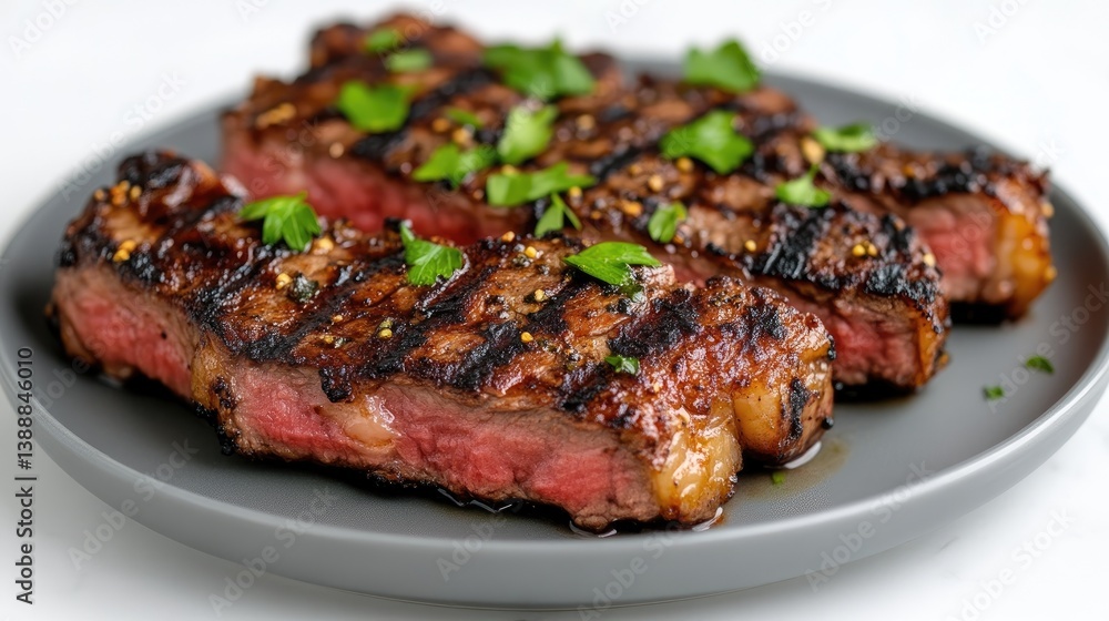 Three grilled strip steaks, seasoned and garnished with parsley, rest on a dark gray plate. The image is well-lit, showcasing the steaks texture and juicy interior. The style is clean and appetizing. Three grilled strip steaks, seasoned and garnished with parsley, rest on a dark gray plate. The image is well-lit, showcasing the steaks texture and juicy interior. The style is clean and appetizing.