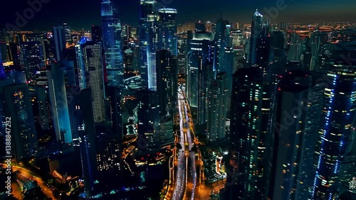 Wallpaper Mural Skyscrapers in futuristic city glowing with neon lights under night sky. Concept of modern urban development and sci-fi environment Torontodigital.ca