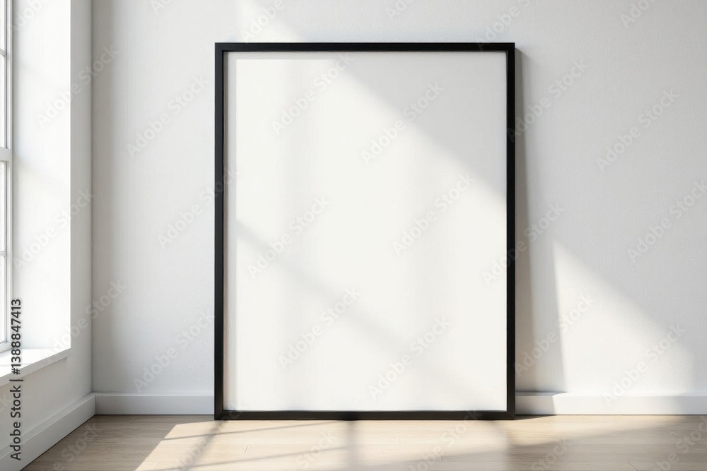 Single black frame against stark white wall, showcasing clean lines , frame template, interior, home decor Single black frame against stark white wall, showcasing clean lines , frame template, interior, home decor