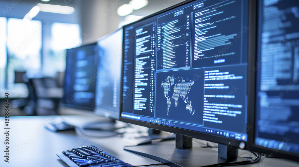 Fototapeta premium modern workspace featuring multiple computer monitors displaying code and data visualizations, creating tech savvy atmosphere