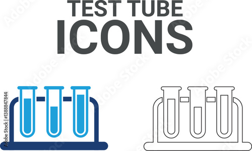 Test tube icons. Containing experiment, test tube, microscope, flask, chemical, biology, research, lab and more. Solid vector icons collection.